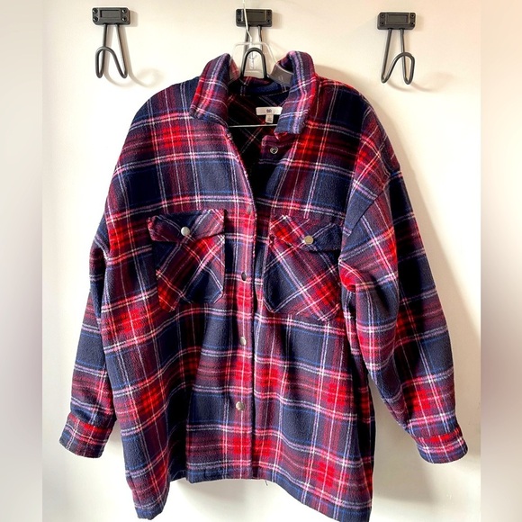 BP, red and blue poly wool plaid shirt jacket shacket warm long sleeve sz large - Picture 1 of 8